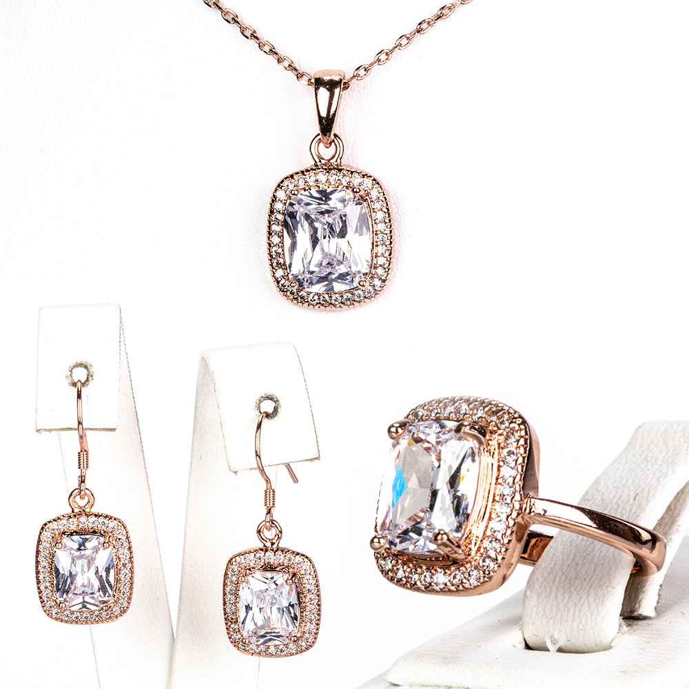 Conjunto de Aleación Bañado en Oro con Cristal Emporia® Blanco ( Collar +Pendientes +Anillo )