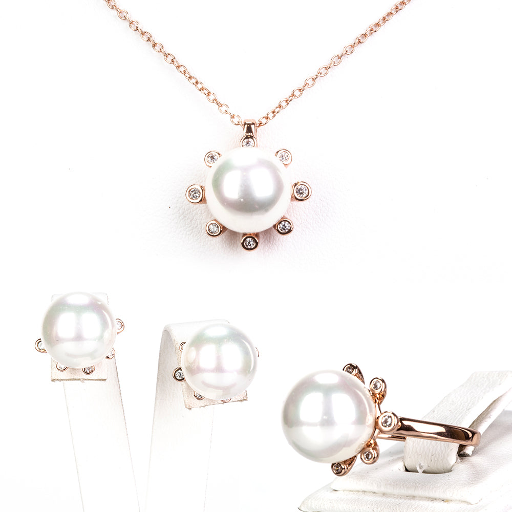 Conjunto de Aleación Bañado en Oro con Perla de cristal y Cristal Emporia® Blanco ( Collar +Pendientes +Anillo )