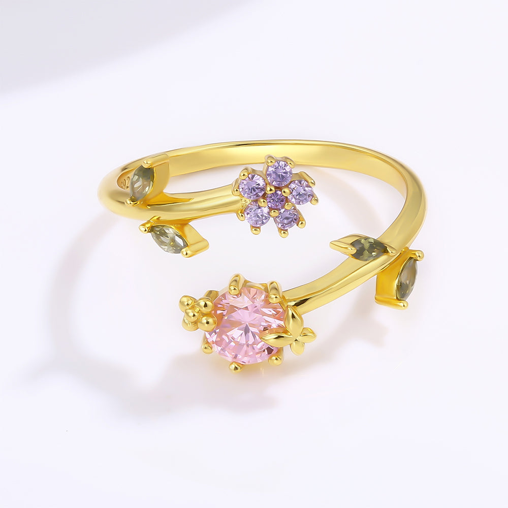 Anillo de Aleación Bañado en Oro con Cristal Emporia® Rosa y Cristal Emporia® Púrpura