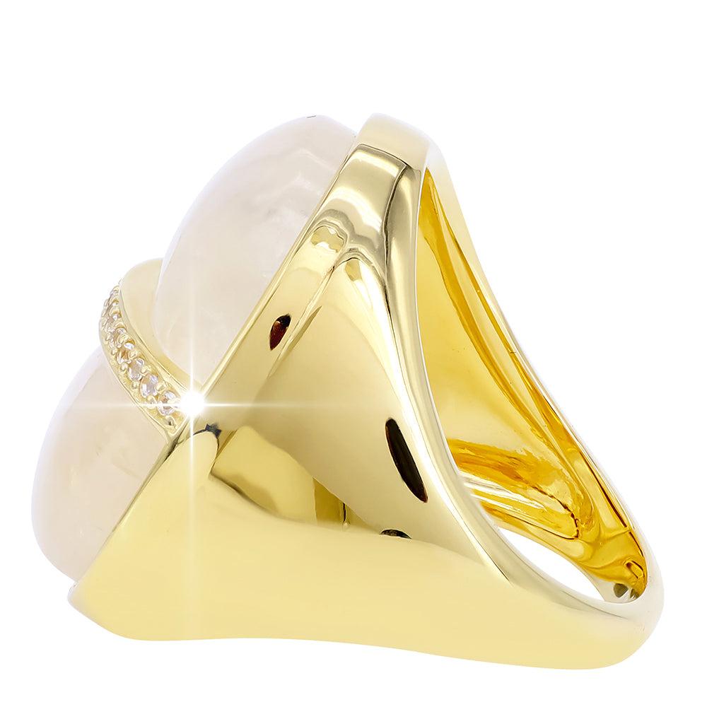 Anillo de Plata Bañada en Oro con Piedra Lunar Arco Iris y Topacio Blanco