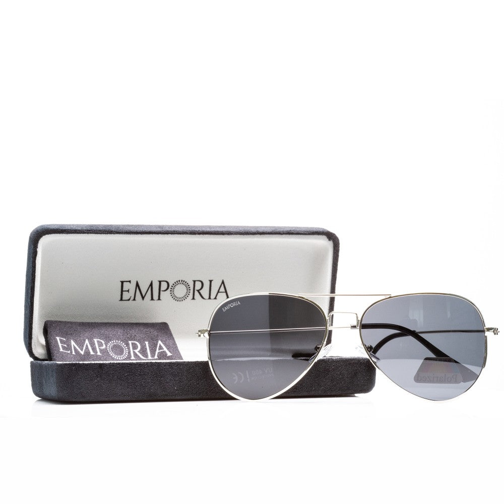 Emporia Italy - Gafas de sol piloto "JEFE", gafas de sol polarizadas con filtro UV con estuche y paño de limpieza, lentes gris oscuro, montura plateada