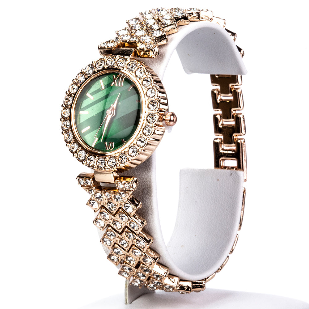 Reloj de Aleación Bañado en Oro con Cristal Emporia® Verde y Cristal Emporia® Blanco ( Collar +Pendientes +Pulsera +Anillo +Colgante )