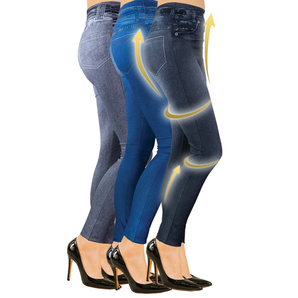 Set de 3 jeggings de cintura alta, que no se transparentan ( 1 negro, 1 gris, 1 azul )