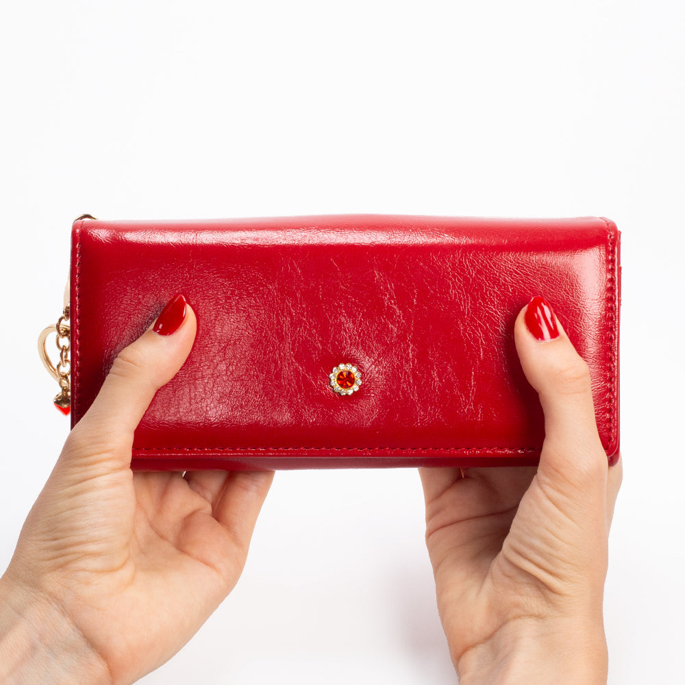 Cartera de privacidad con clave secreta de acceso para mujer. Color: negro y rojo