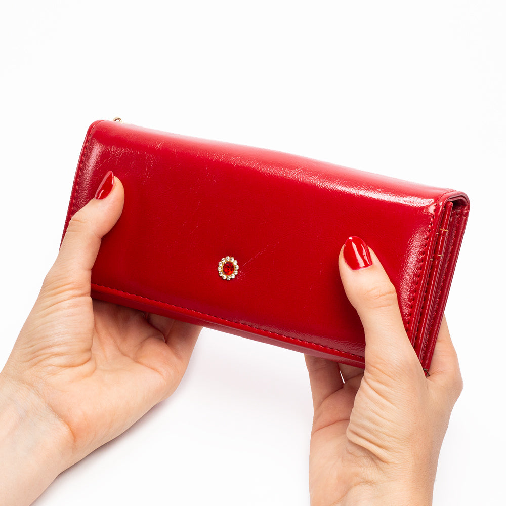 Cartera de privacidad con clave secreta de acceso para mujer. Color: negro y rojo