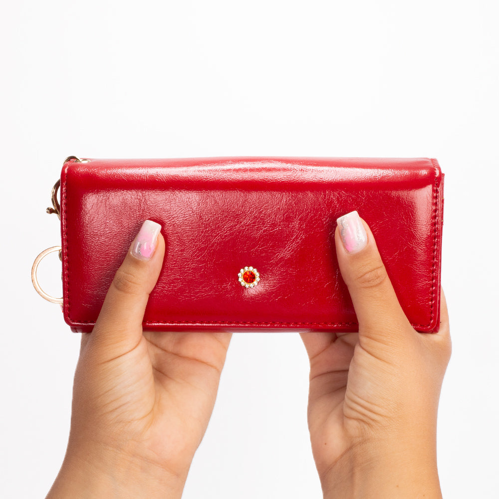 Cartera de privacidad con clave secreta de acceso para mujer. Color: negro y rojo