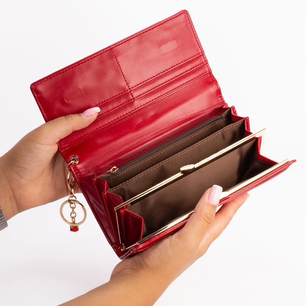 Cartera de privacidad con clave secreta de acceso para mujer. Color: negro y rojo