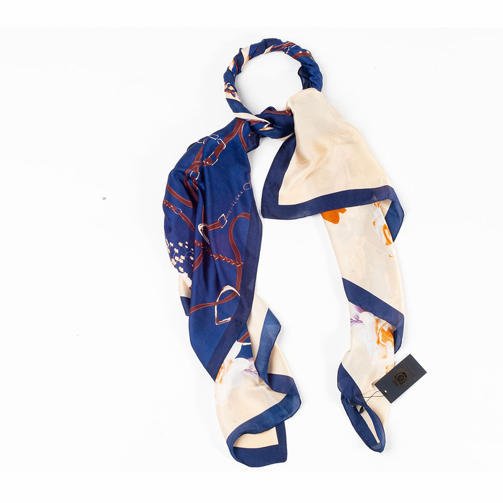 Bufanda abrazo floral, 85 x 180 cms, azul 100% seda vegana