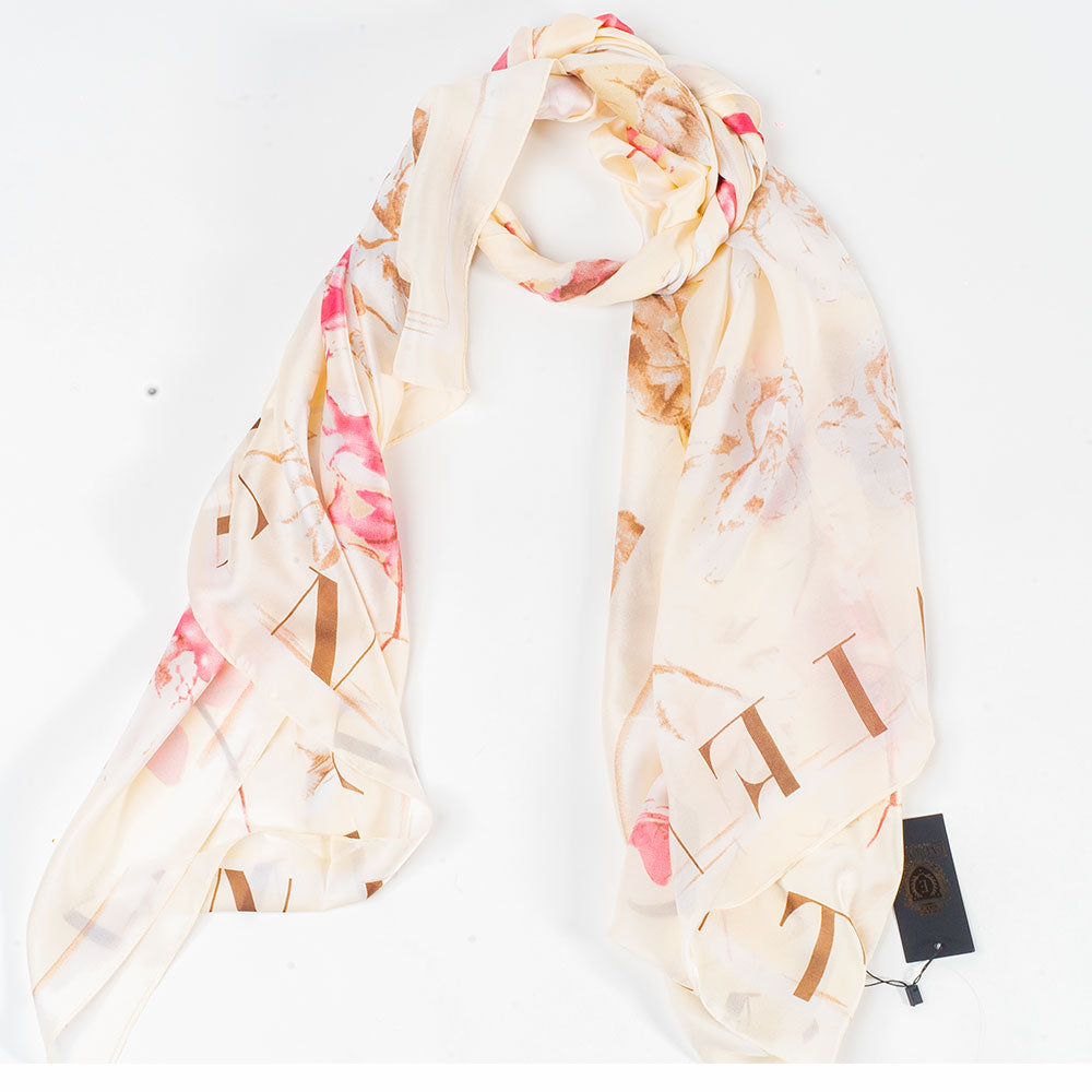 Bufanda floraciones y letras, 85 x 180 cms, blanco, 100% seda vegana
