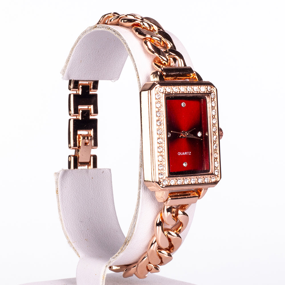 Reloj de Aleación Bañado en Oro con Cristal Emporia® Rojo y Cristal Emporia® Blanco ( Collar +Pendientes +Pulsera )
