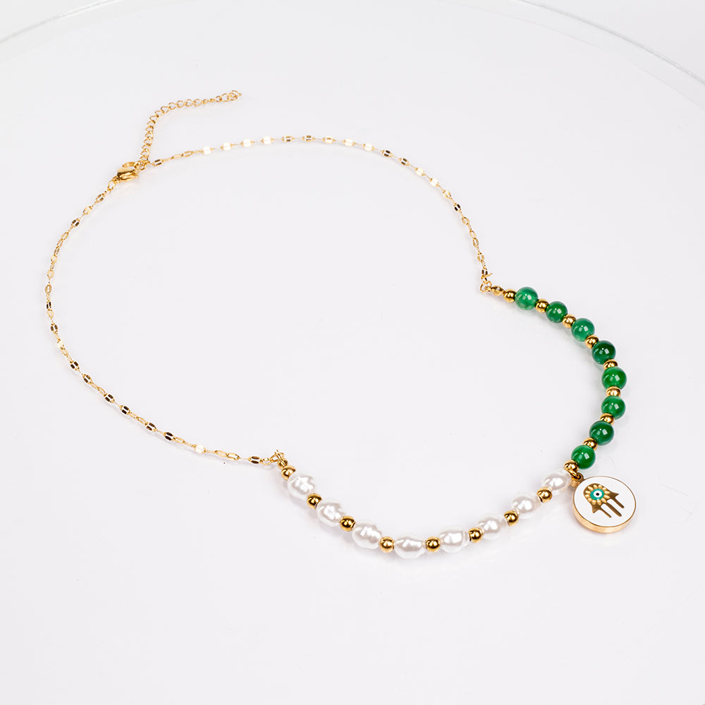 Conjunto de Aleación Bañado en Oro con Ágata Verde ( Collar +Pendientes +Pulsera )