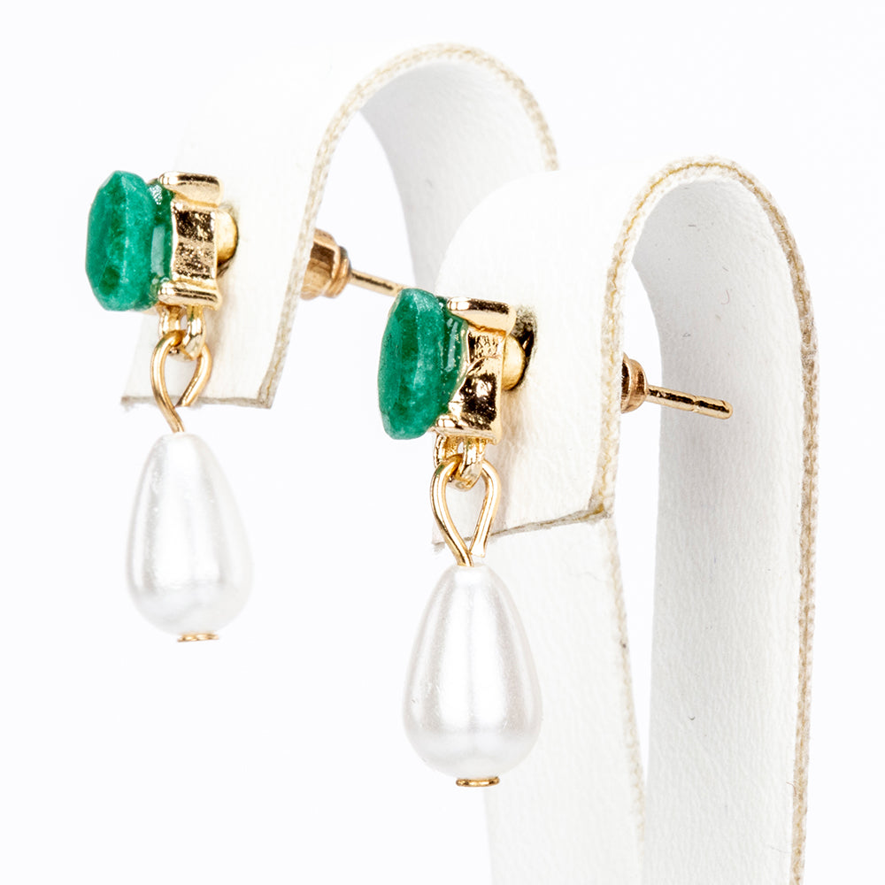 Conjunto de Aleación Bañado en Oro con Esmeralda y Perla de cristal ( Collar +Pendientes +Colgante ) 3