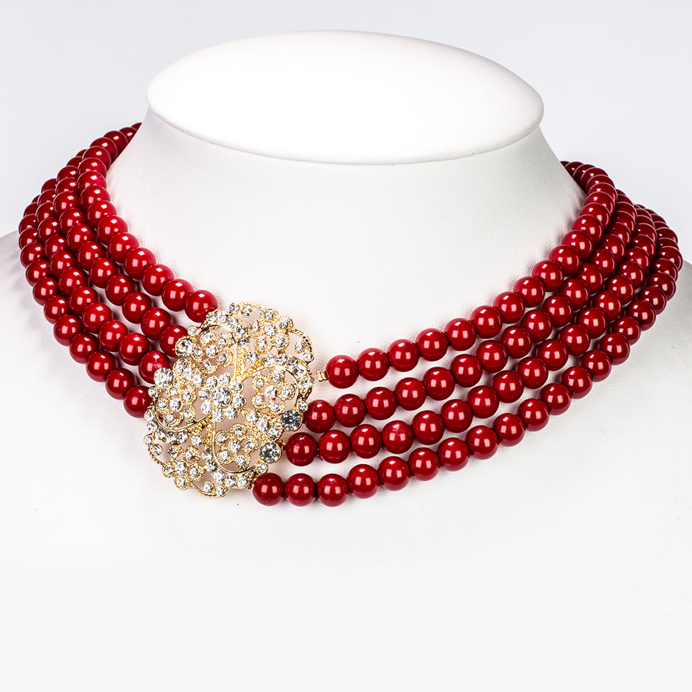 Conjunto de Aleación Bañado en Oro con Perla de cristal rojo y Cristal Emporia® Blanco ( Collar +Pulsera )