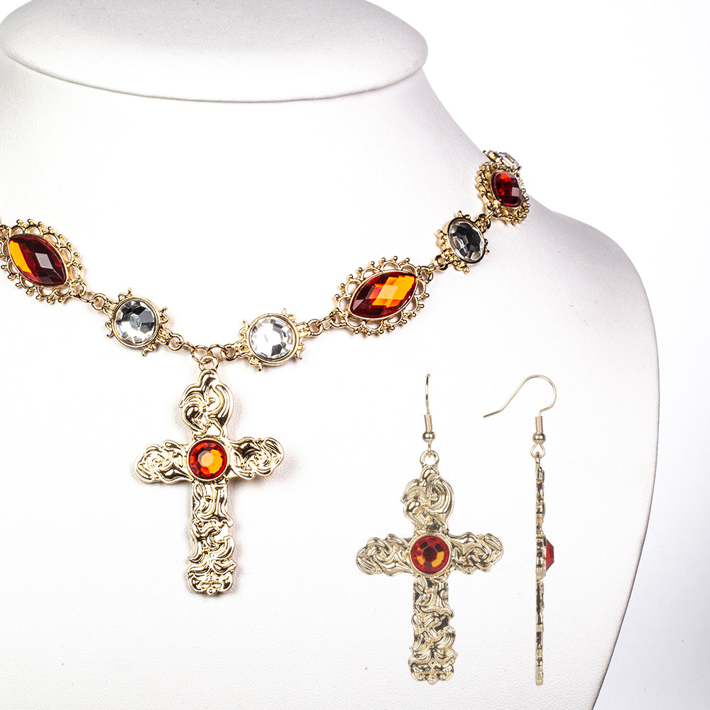 Cruz Conjunto de Aleación Bañado en Oro con Cristal Emporia® Rojo y Cristal Emporia® Blanco ( Collar +Pendientes +Colgante )