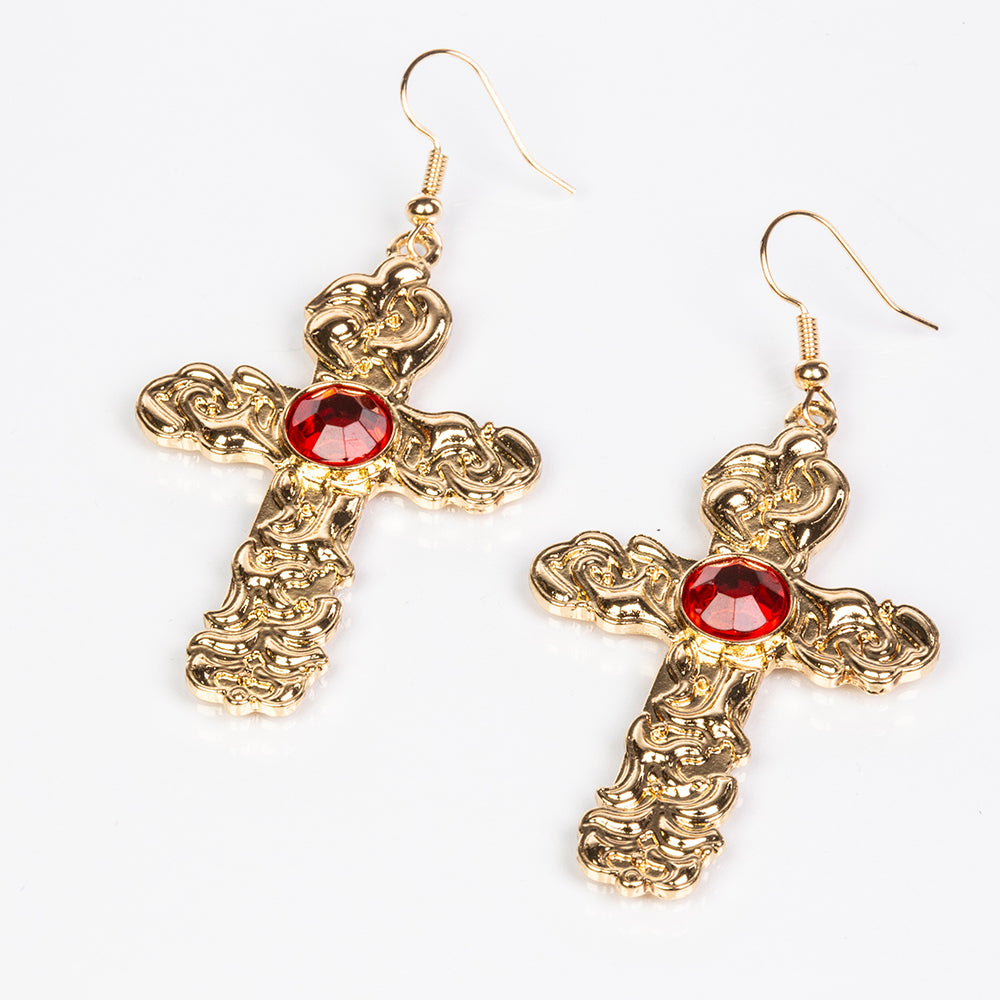 Cruz Conjunto de Aleación Bañado en Oro con Cristal Emporia® Rojo y Cristal Emporia® Blanco ( Collar +Pendientes +Colgante )