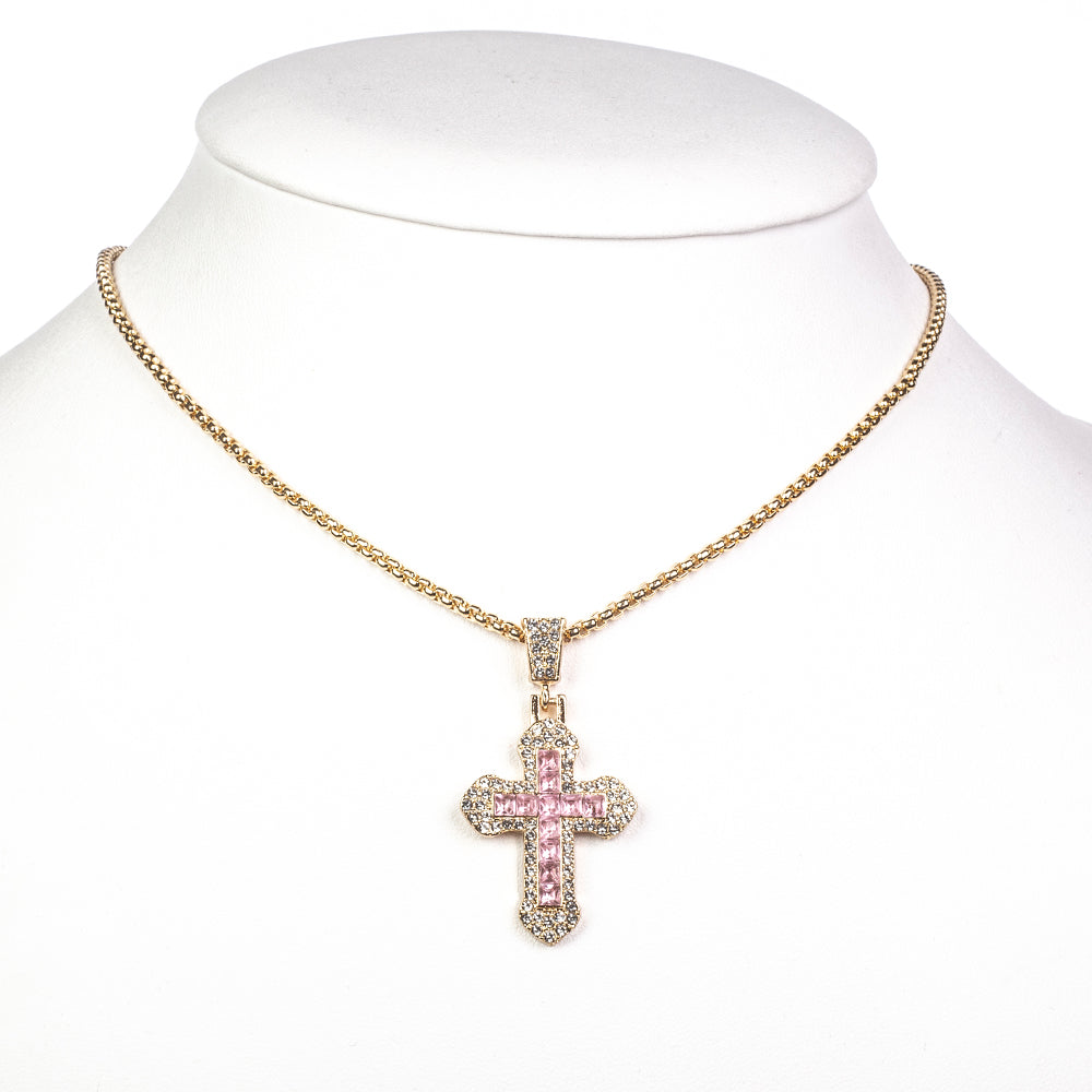 Cruz Conjunto de Aleación Bañado en Oro con Cristal Emporia® Rosa y Cristal Emporia® Blanco ( Collar +Pulsera +Anillo +Colgante )