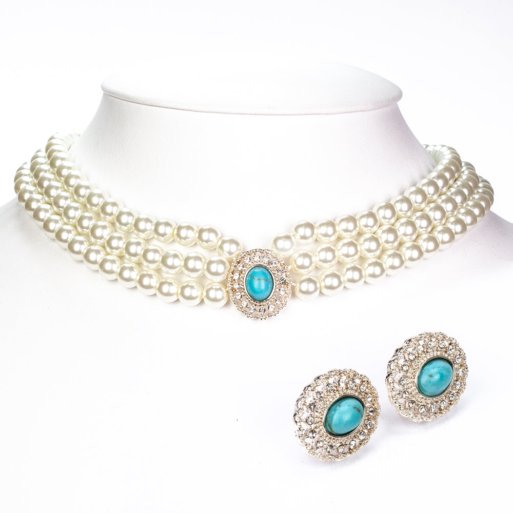 Conjunto de Aleación Bañado en Oro con Perla de cristal y Turquesa ( Collar +Pendientes )