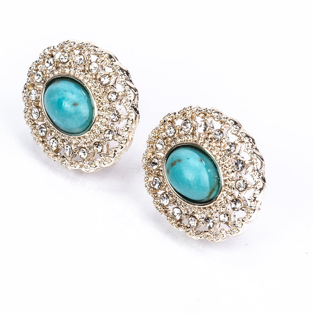 Conjunto de Aleación Bañado en Oro con Perla de cristal y Turquesa ( Collar +Pendientes )
