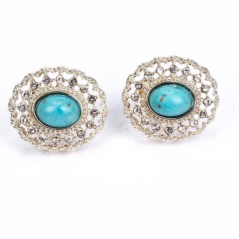Conjunto de Aleación Bañado en Oro con Perla de cristal y Turquesa ( Collar +Pendientes )