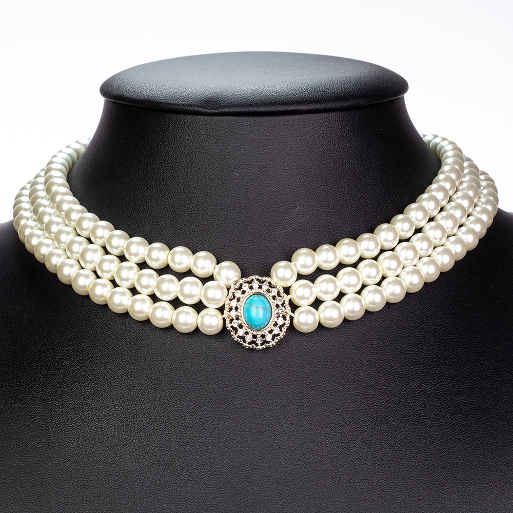 Conjunto de Aleación Bañado en Oro con Perla de cristal y Turquesa ( Collar +Pendientes )