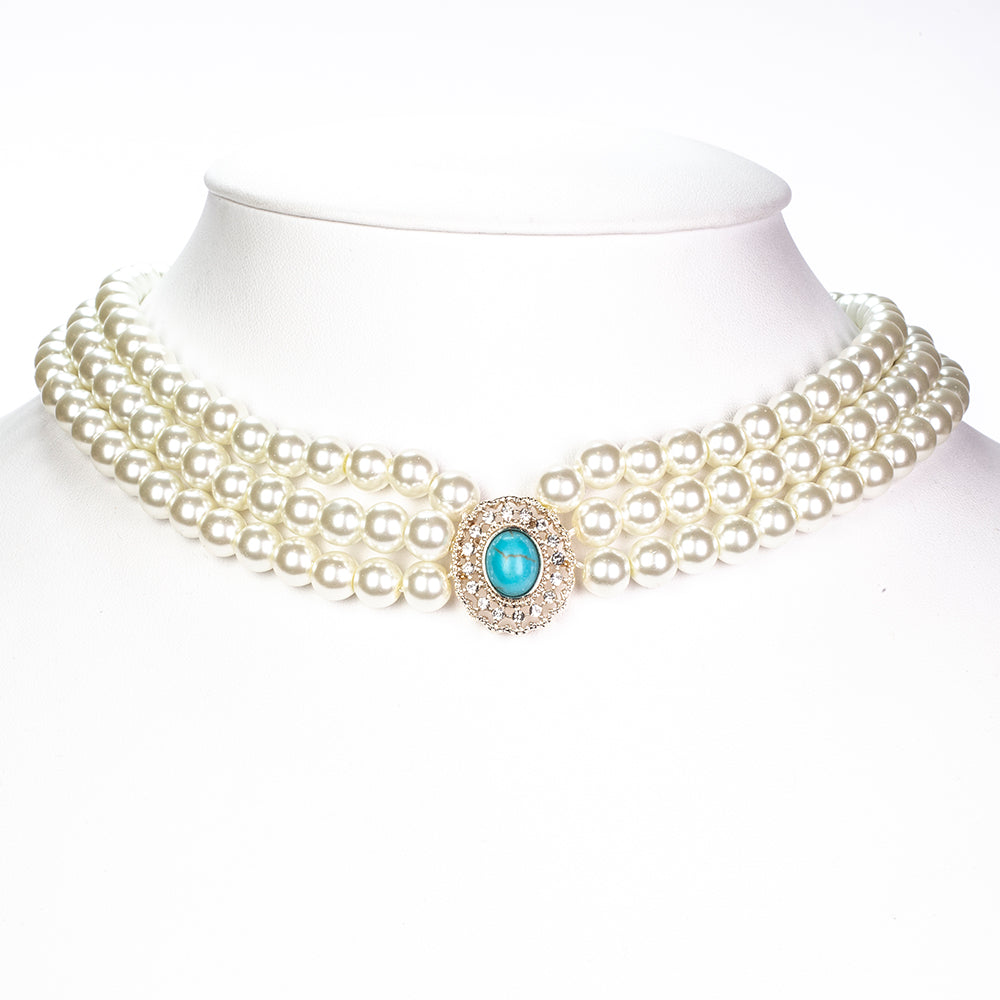 Conjunto de Aleación Bañado en Oro con Perla de cristal y Turquesa ( Collar +Pendientes )