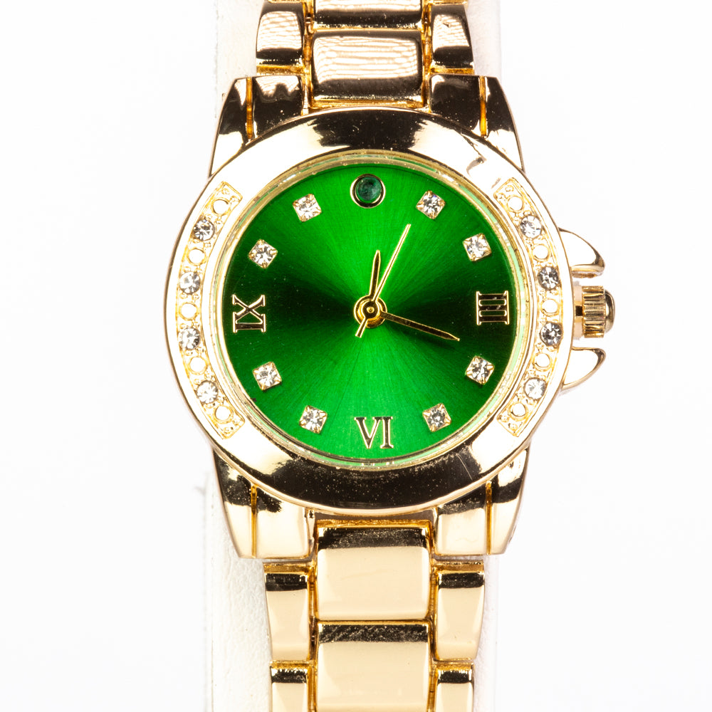 Reloj de Aleación Bañado en Oro con Esmeralda y Cristal Emporia® Blanco ( Collar +Pendientes +Colgante )