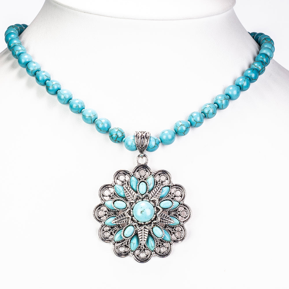 Conjunto de Aleación Bañado en Oro con Turquesa ( Collar +Pendientes )