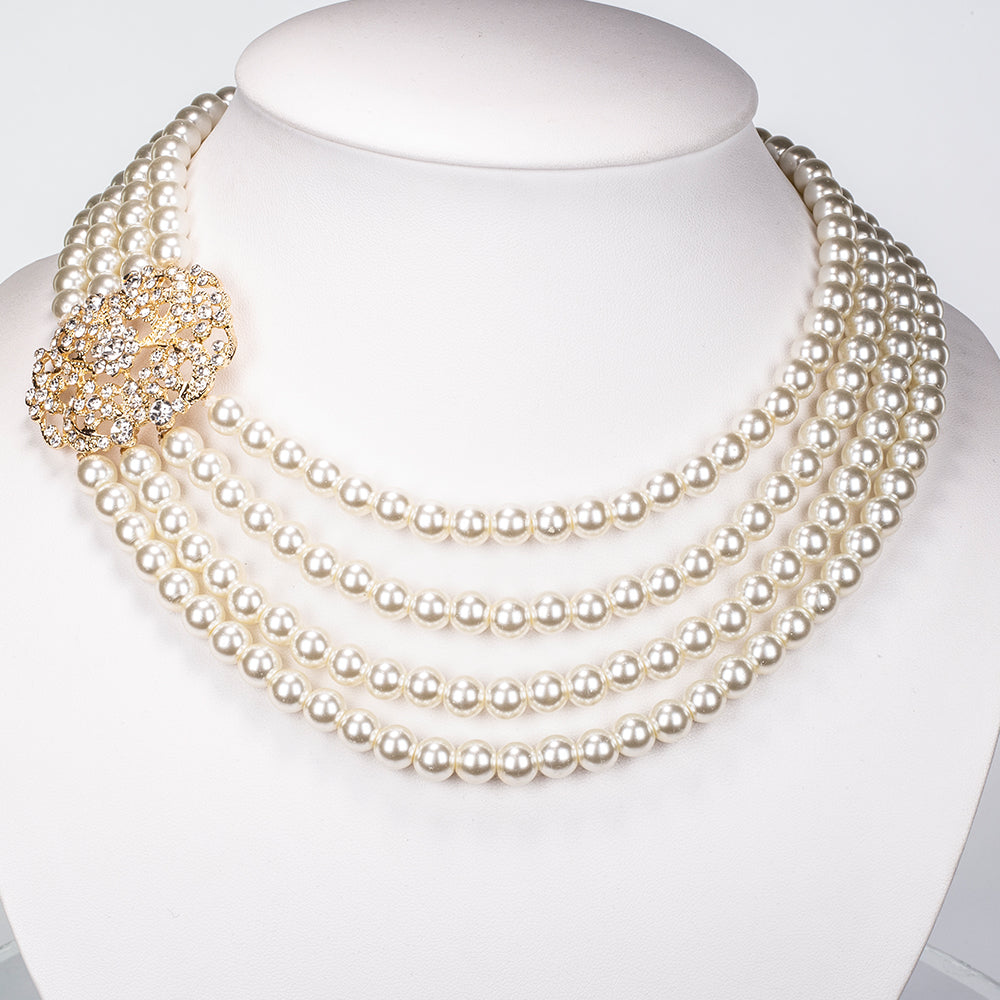 Conjunto de Aleación Bañado en Oro con Perla de cristal y Cristal Emporia® Blanco ( Collar +Pulsera )