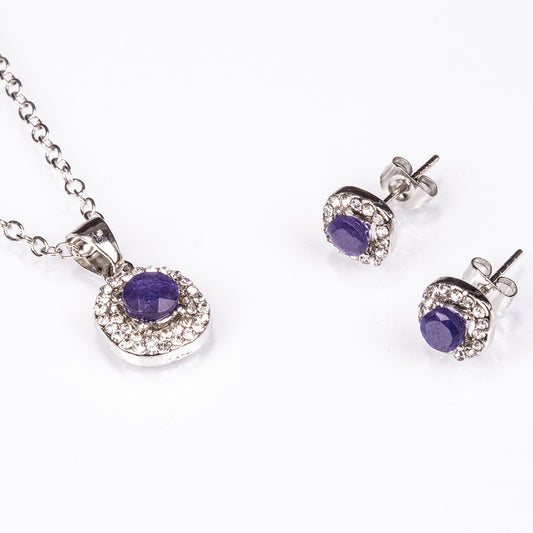 Conjunto de Aleación Bañado en Oro con Zafiro y Cristal Emporia® Blanco ( Collar +Pendientes +Colgante )
