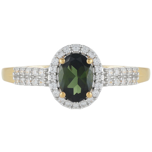 Anillo de Plata Bañada en Oro con Turmalina Verde y Zircón natural