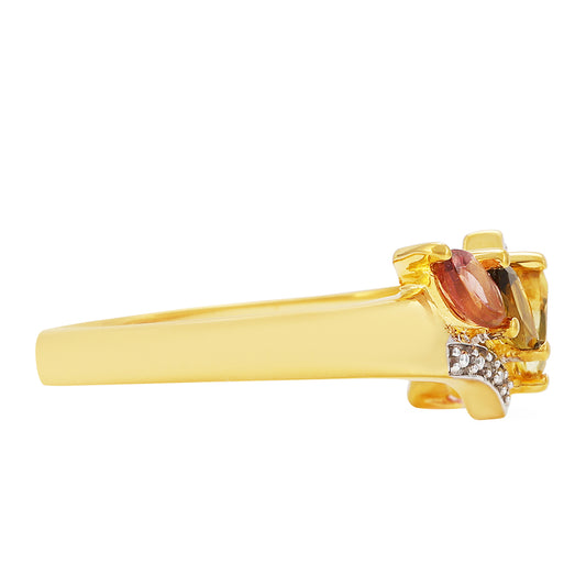 Anillo de Plata Bañada en Oro con Turmalina Arco Iris Pelmadulla y Topacio Blanco