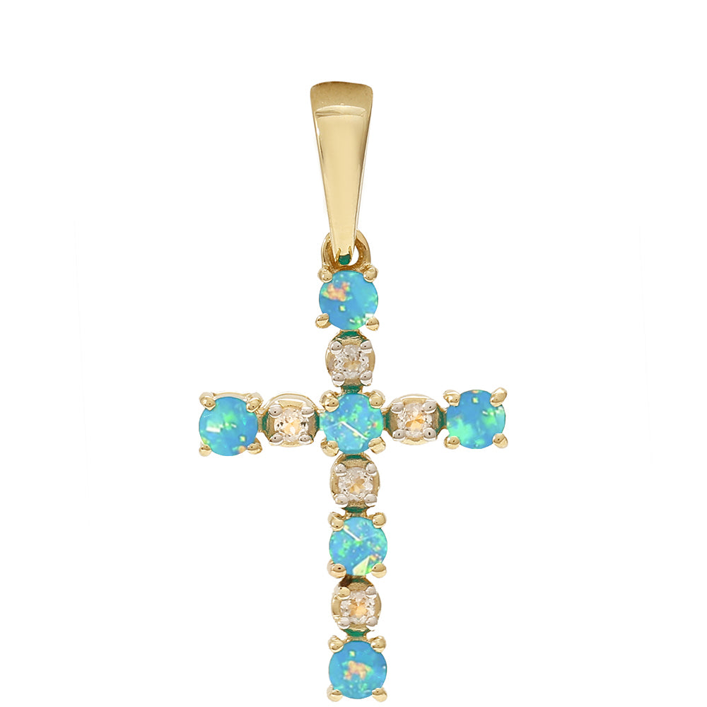 Cruz Colgante de Oro 9K con Ópalo Azul Paraiba de Etiopía y Topacio Blanco