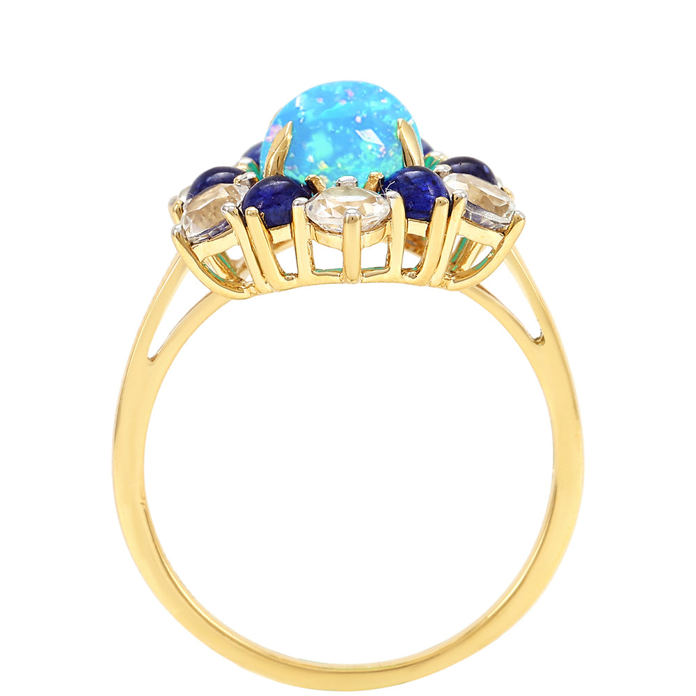 Anillo de Oro 9K con Ópalo Azul Paraiba de Etiopía y Zafiro Azul