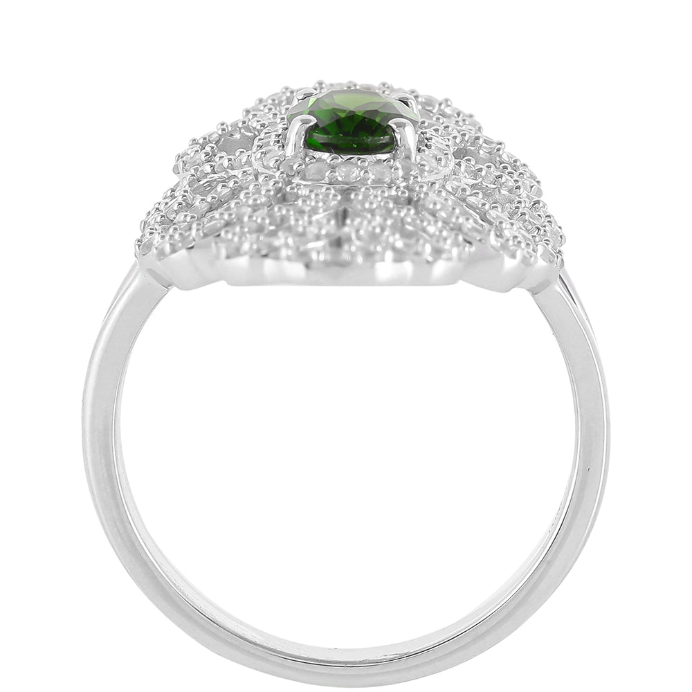 Anillo de Plata con Diópsido de Cromo y Topacio Blanco