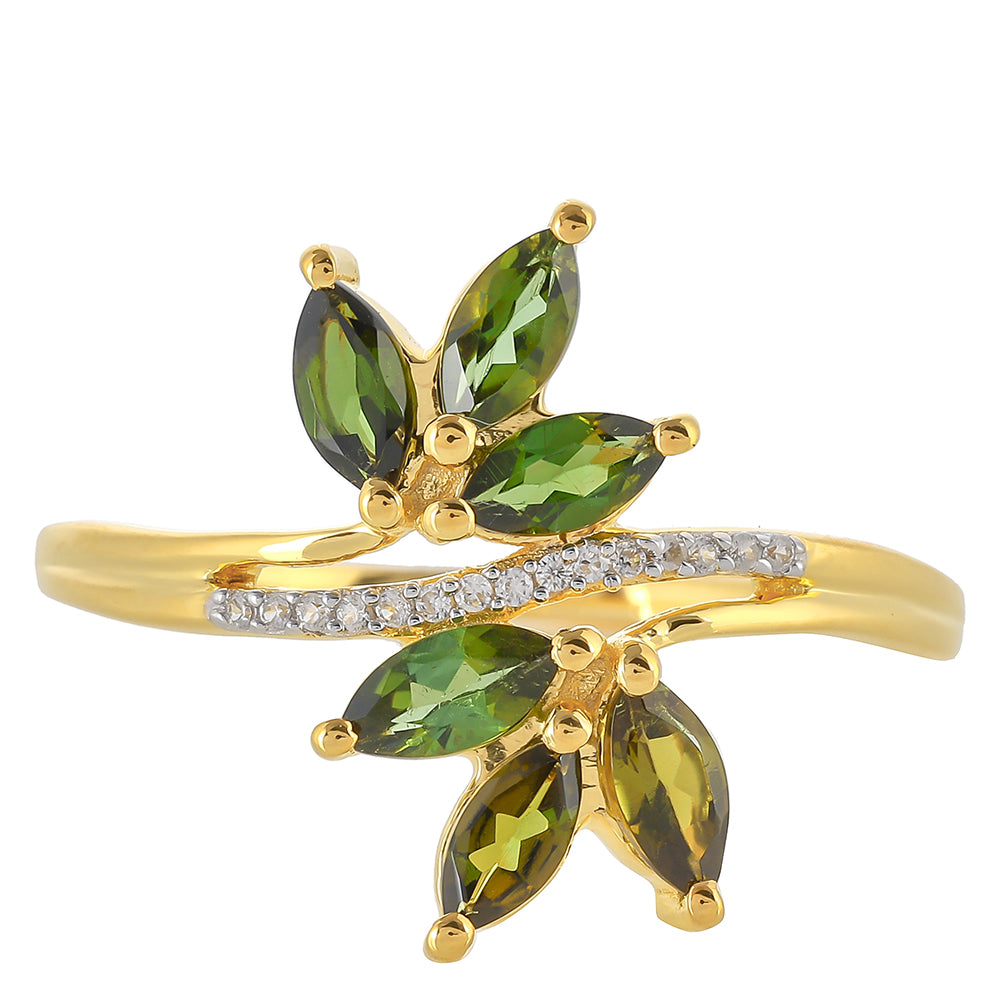Anillo de Plata Bañada en Oro con Turmalina Verde y Zircón natural