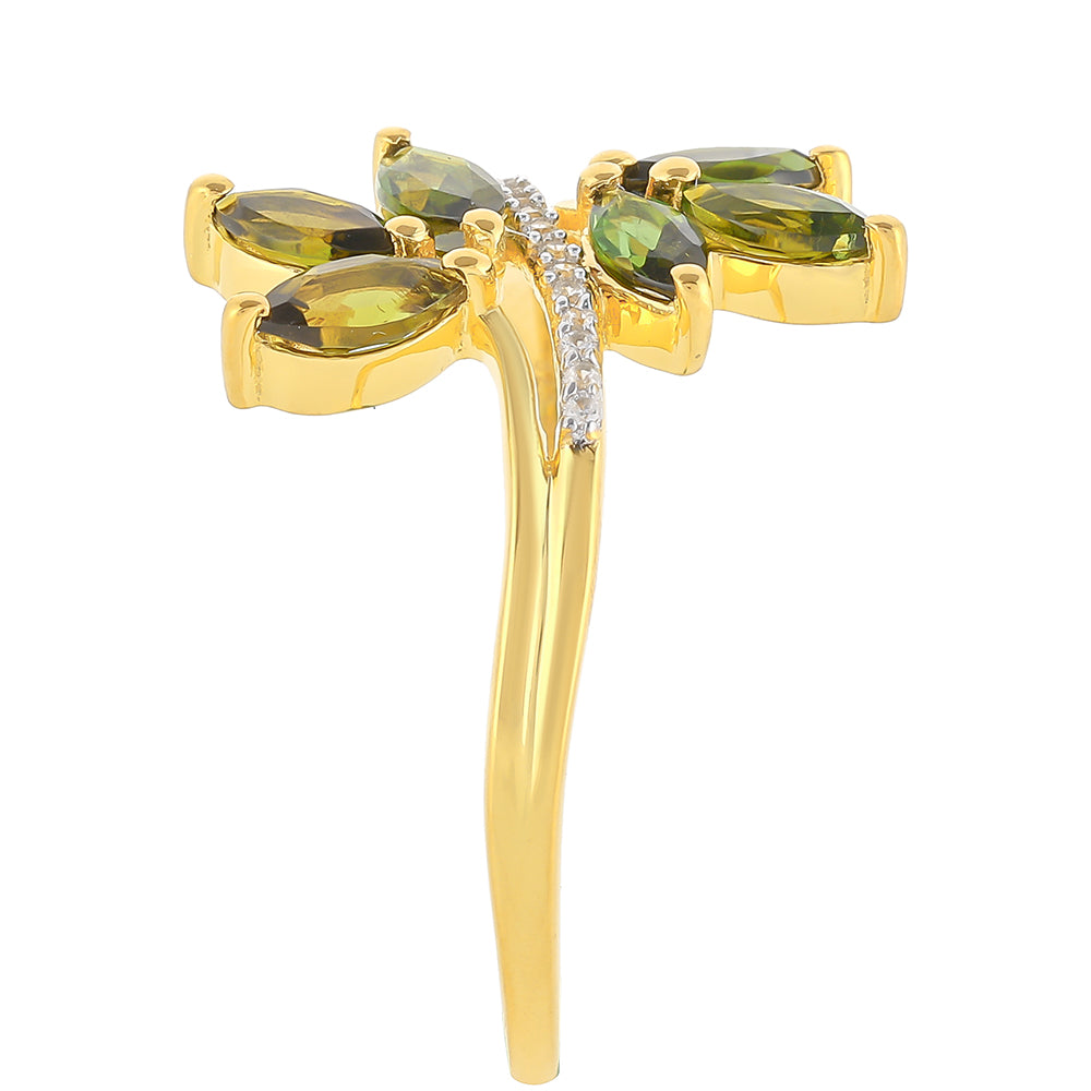 Anillo de Plata Bañada en Oro con Turmalina Verde y Zircón natural