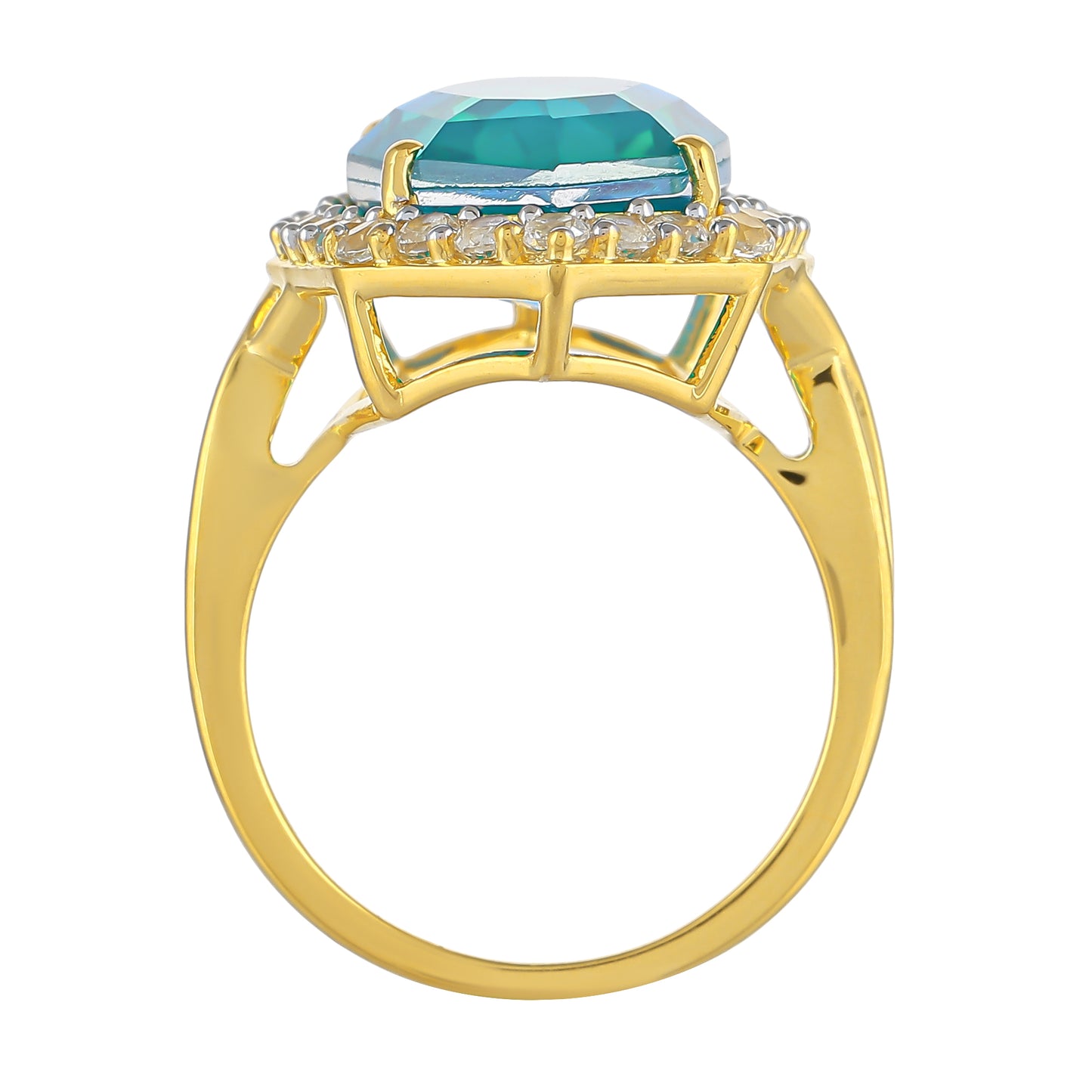 Anillo de Plata Bañada en Oro con Cuarzo Pavo Real y Topacio Blanco