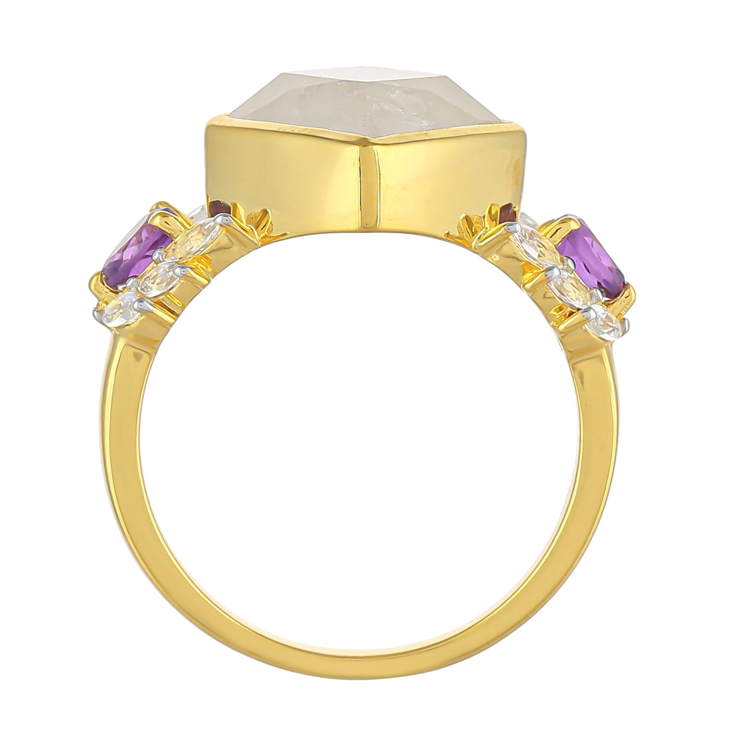 Anillo de Plata Bañada en Oro con Piedra Lunar Arco Iris y Amatista de Brasil