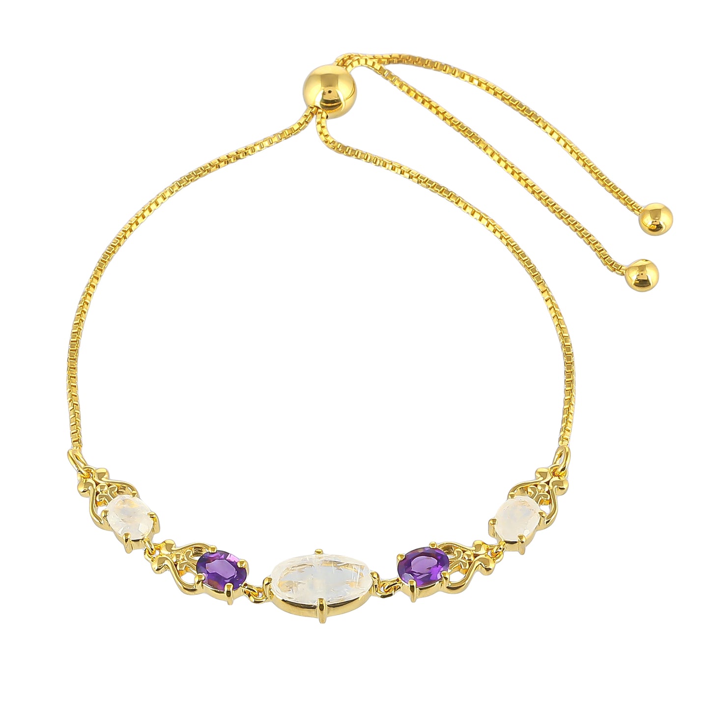 Pulsera de Plata Bañada en Oro con Piedra Lunar Arco Iris y Amatista de Brasil