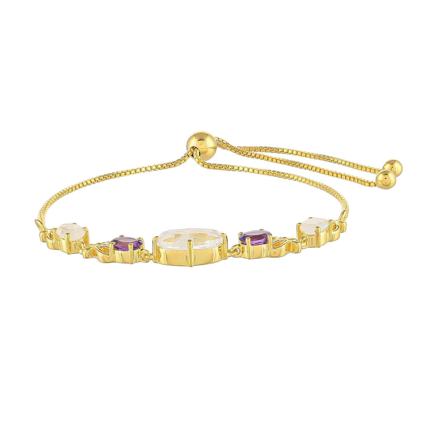 Pulsera de Plata Bañada en Oro con Piedra Lunar Arco Iris y Amatista de Brasil