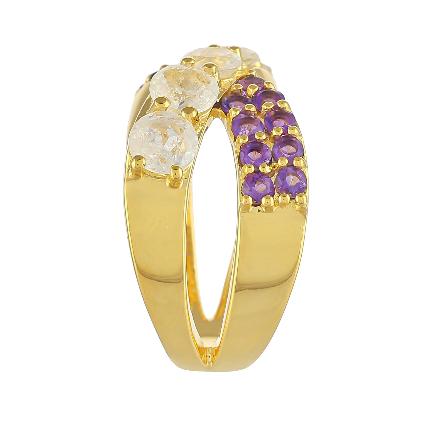 Anillo de Plata Bañada en Oro con Piedra Lunar Arco Iris y Amatista de Brasil