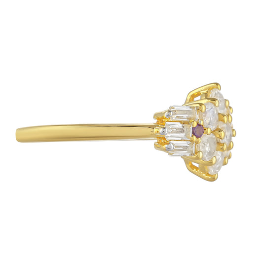 Anillo de Plata Bañada en Oro con Piedra Lunar Arco Iris y Amatista de Brasil