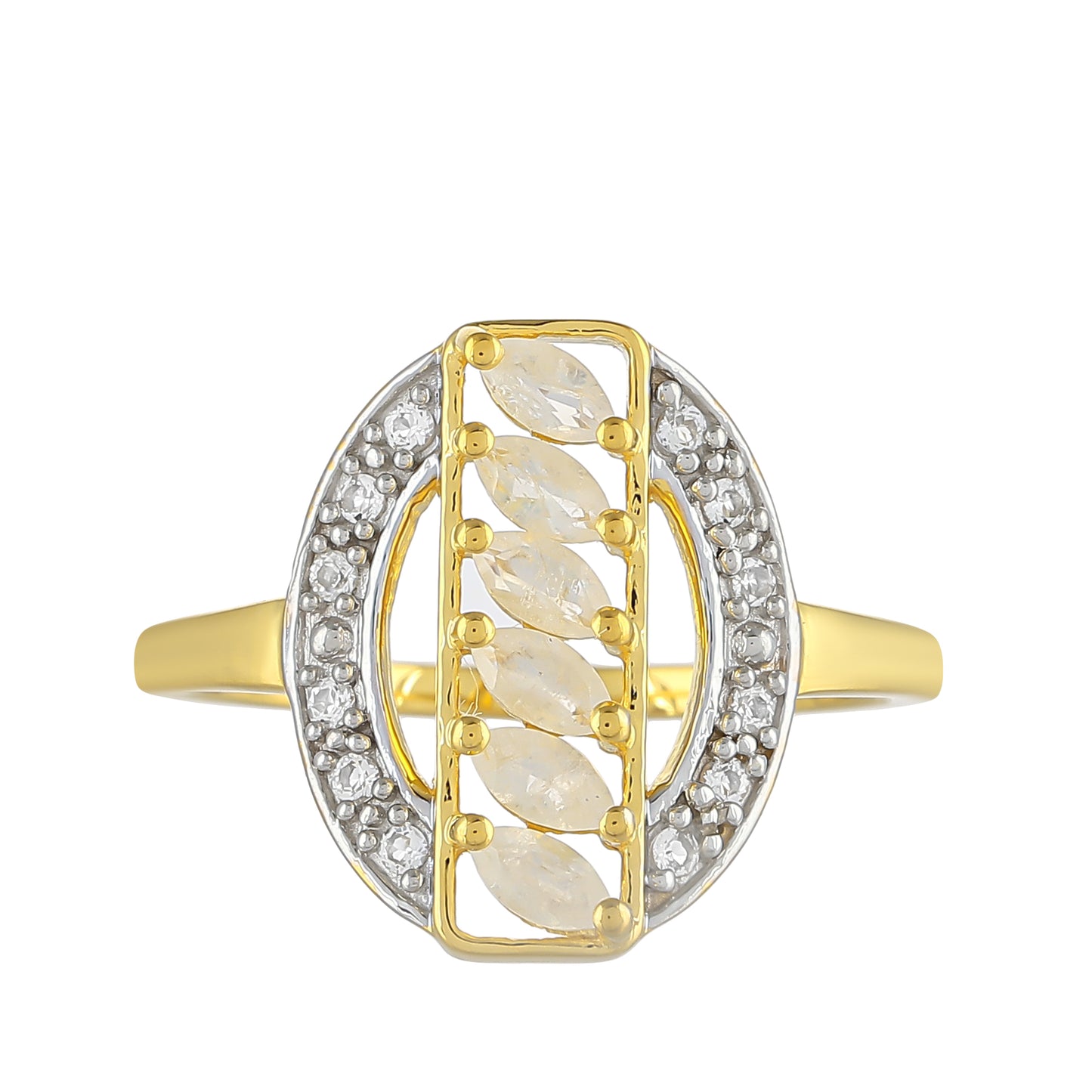 Anillo de Plata Bañada en Oro con Piedra Lunar Arco Iris y Topacio Blanco