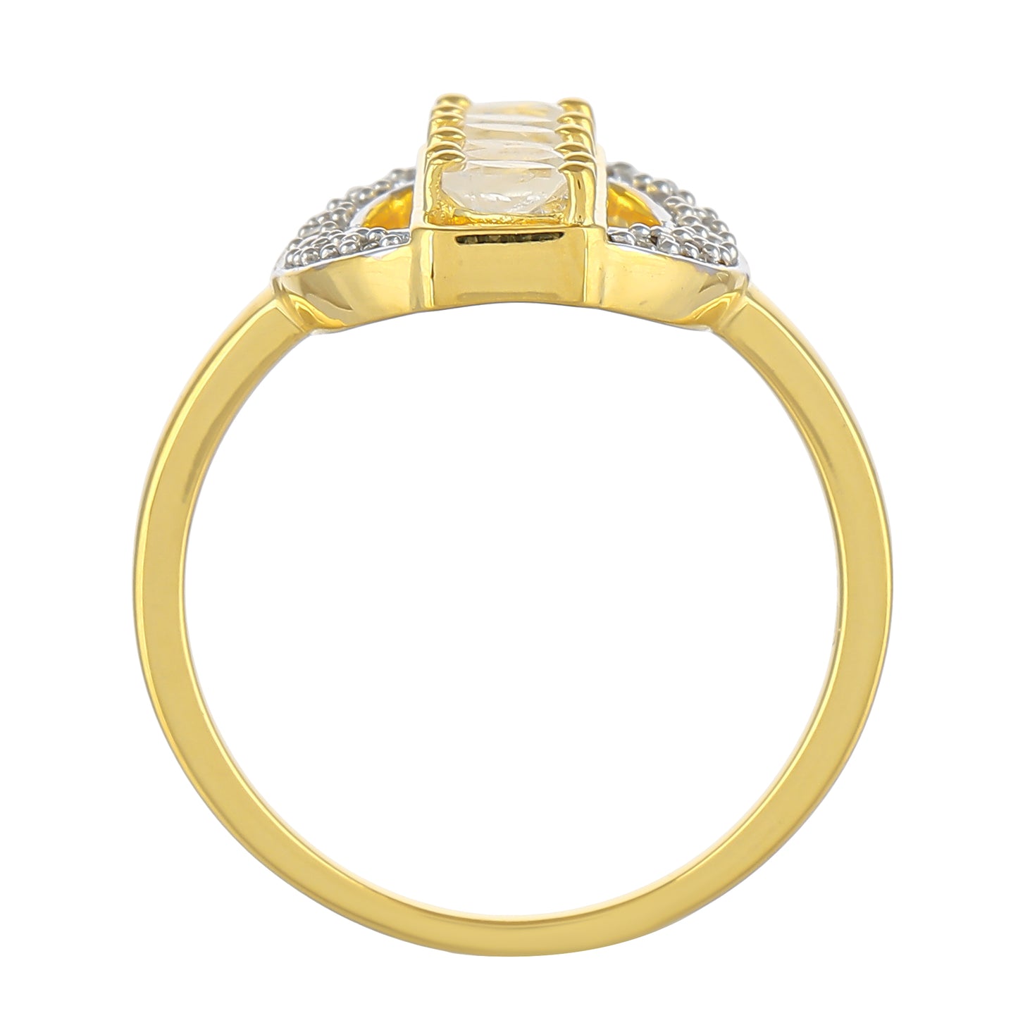 Anillo de Plata Bañada en Oro con Piedra Lunar Arco Iris y Topacio Blanco