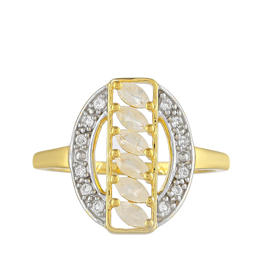 Anillo de Plata Bañada en Oro con Piedra Lunar Arco Iris y Topacio Blanco