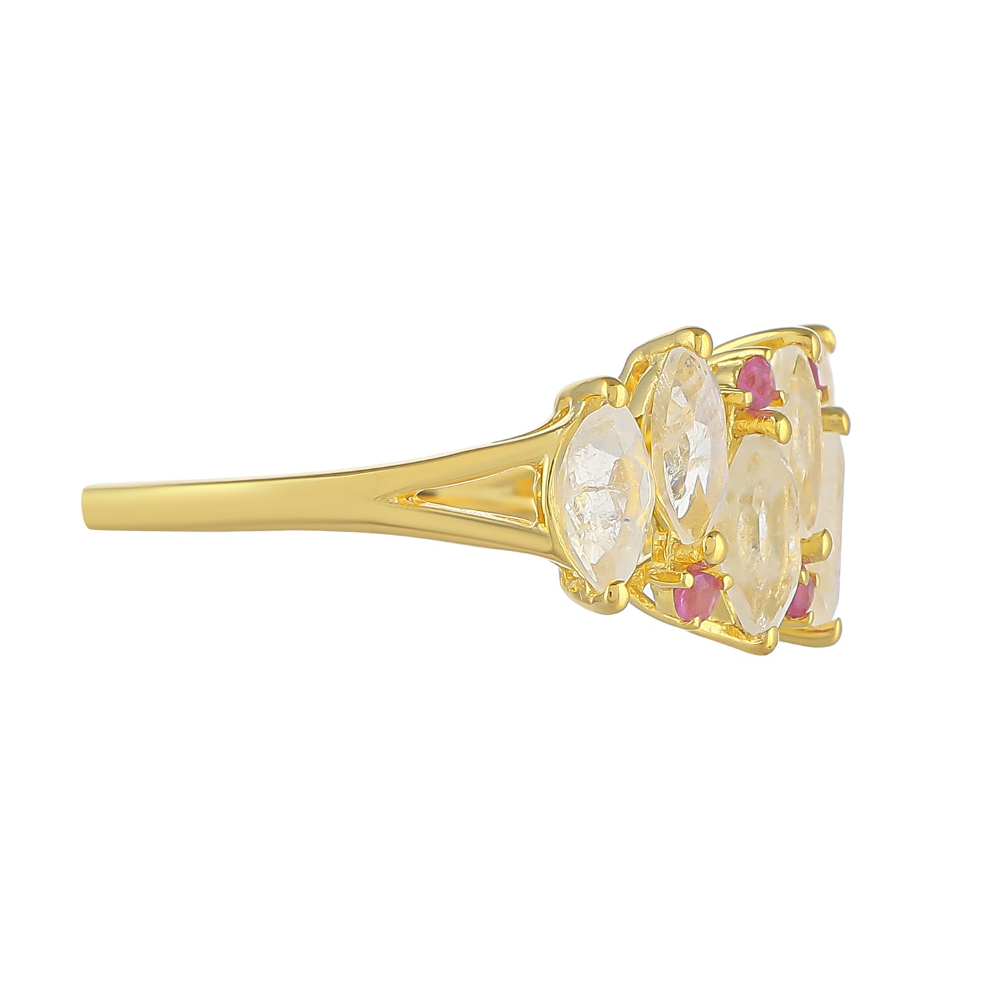 Anillo de Plata Bañada en Oro con Piedra Lunar Arco Iris y Rubí de Tailandia
