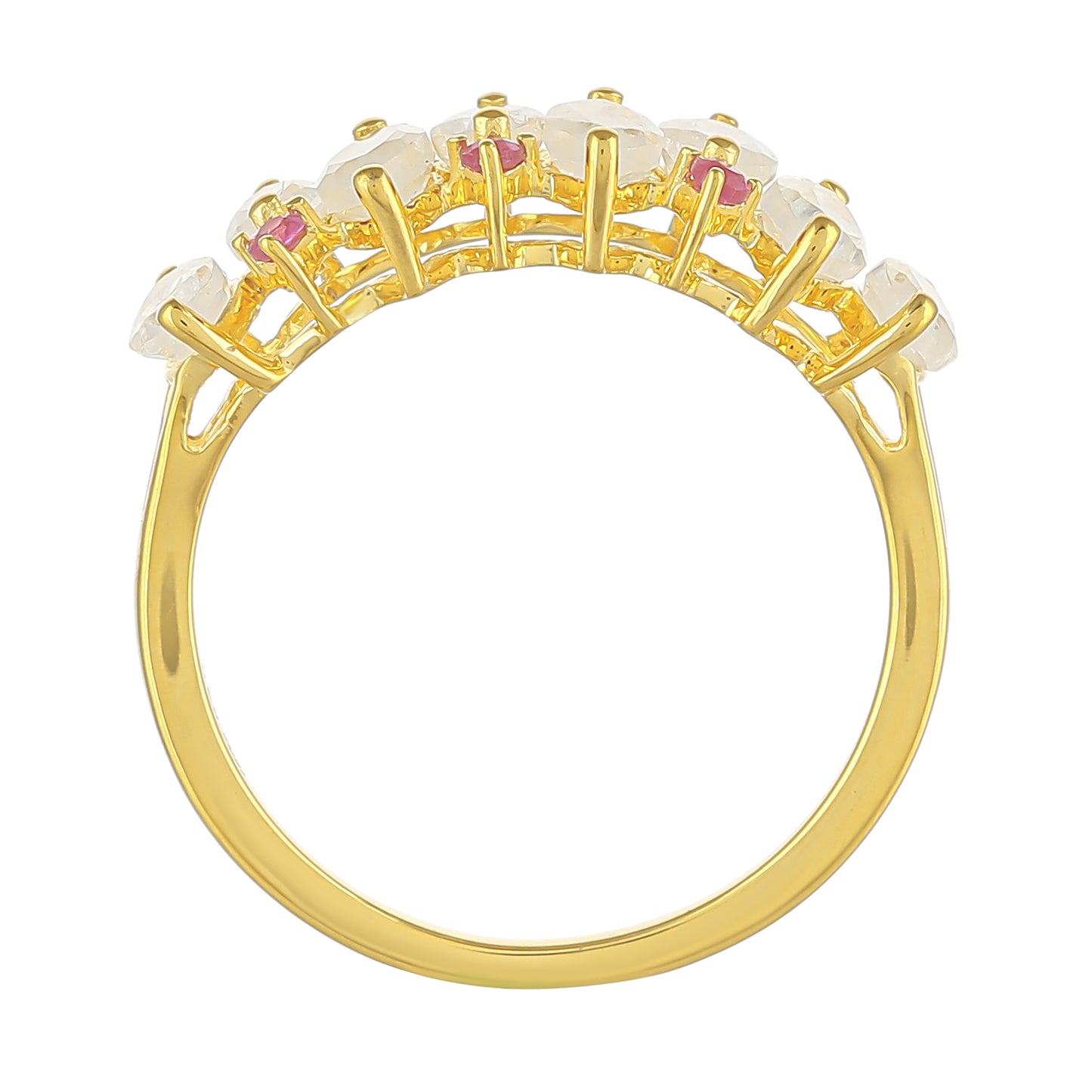 Anillo de Plata Bañada en Oro con Piedra Lunar Arco Iris y Rubí de Tailandia