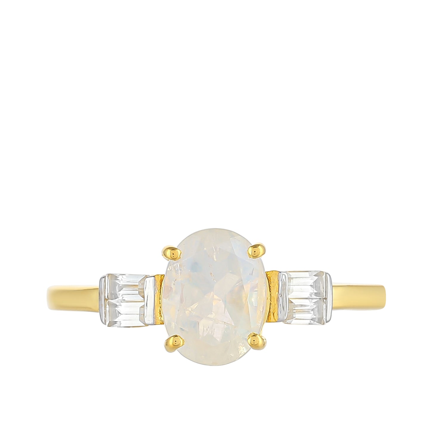 Anillo de Plata Bañada en Oro con Piedra Lunar Arco Iris y Topacio Blanco