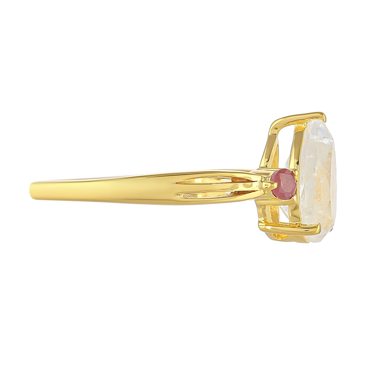 Anillo de Plata Bañada en Oro con Piedra Lunar Arco Iris y Rubí de Tailandia