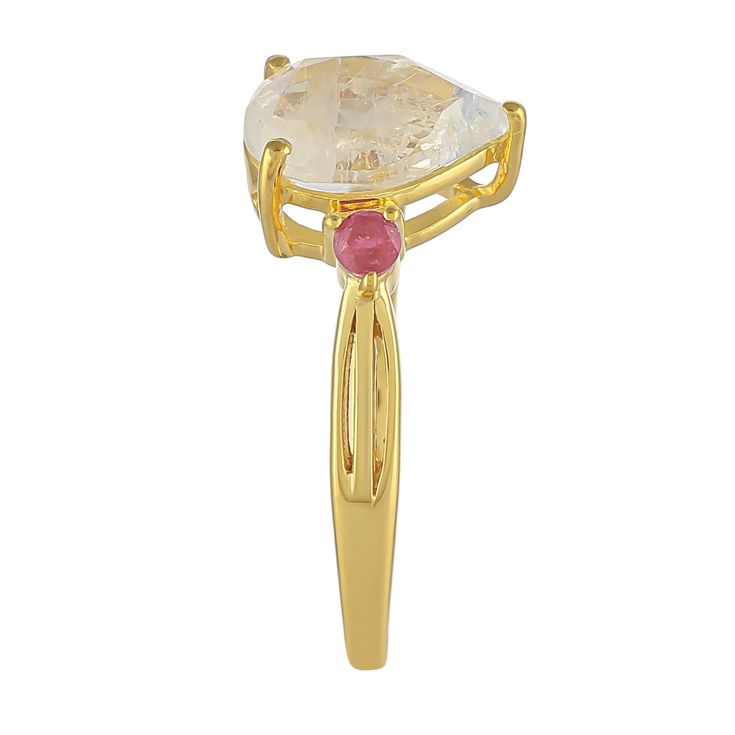 Anillo de Plata Bañada en Oro con Piedra Lunar Arco Iris y Rubí de Tailandia